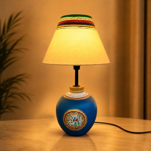 Image of Amazon Basics Warli Whispers Blue Table Lamp | Hand-Painted Blue Base with Cream Fabric Shade | E14 Holder | Decorative Night Lamp for Bedroom, Living Room & Study Room | Home Decor Gift