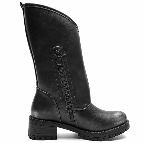 GLOBALWIN Women's Motocycle Boots Distressed Silver Boots For Women Fashion Dressy Mid Calf Comfortable Chunky Heel Size 7.5M — view 3