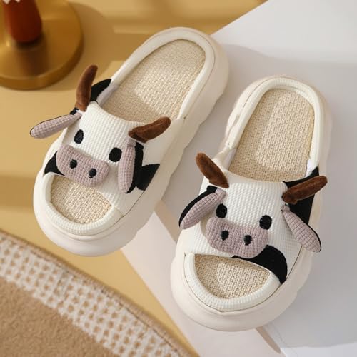 Cute Cow Slippers for Women & Men Open Toe - Cozy Flax Linen & Cotton Slides, Breathable Non-Slip Bedroom Indoor Shoes, Holiday Birthday Gifts3