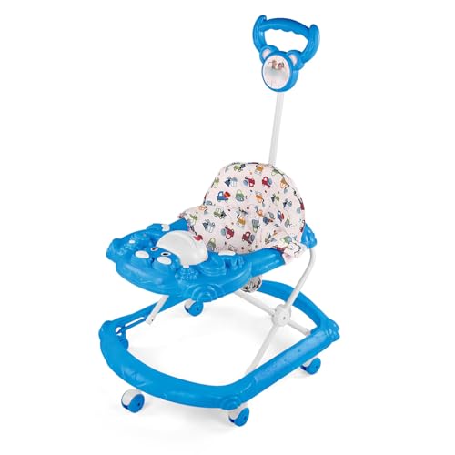 Image of BabyGo Tintin Baby Walker for 6-24 Months, Baby Walker with Push Handle & Activity Tray - Foldable Adjustable Height Infant Walker with Wheels, Music,Toy Bar and Comfotable seat (Blue)