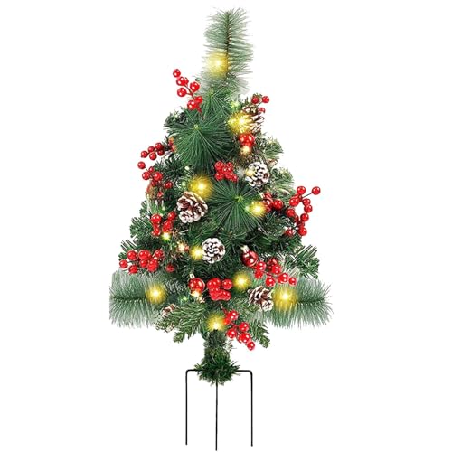 Luces de estaca para árbol de Navidad, luces exteriores para árbol de Navidad para patio, 20 luces LED, funciona con pilas, luz de Navidad con bayas y conos de pino para patio, césped, , jardín