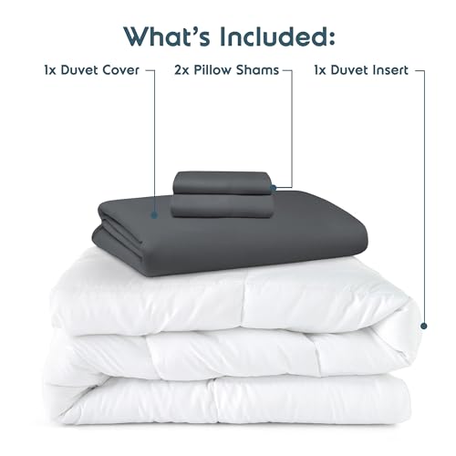 Nestl Queen Duvet Cover Set with Comforter Insert - Dark Grey 4 Piece 90x90 Duvet Cover & 2 Pillow Shams with White Quilted Down Alternative Comforter, Ultra Soft, All Season