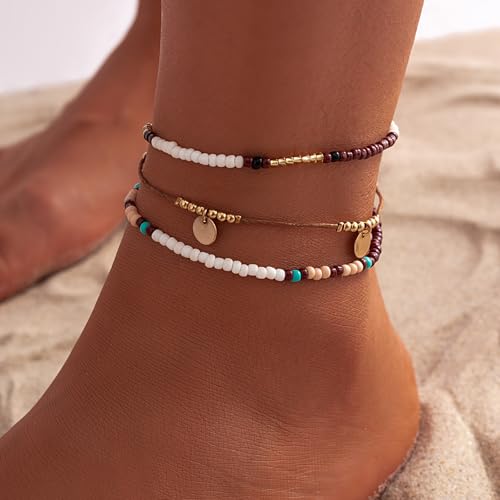 Image of Qceasiy Bead Ankle Bracelets Set For Women, Adjustable Gold Plated Boho Shell Anklet, Hawaiian Beach Seashell Pearl Disc Starfish Conch Foot Jewelry, Summer Fashion Gifts
