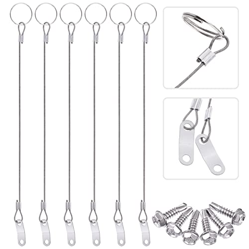 Glarks 12Pcs 11 Inches Lanyard Cable Set Including 6Pcs 304 Stainless Steel Safety Tether Wire with Quick Release Ring and Rubber Coating and 6Pcs Self Drilling Hex Head Screws for Car Boat Fastener