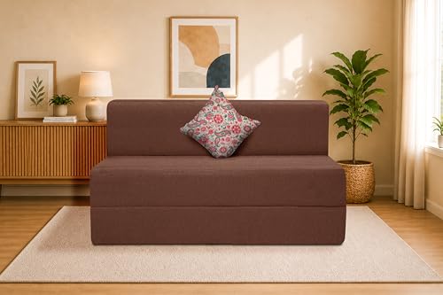 Image of One Seater Sofa Cum Bed Jute Fabric 3 X 6 Ft| Space Saving Foldable Sofa Bed for Living Room & Guest Room | Comfortable Multi-Functional Furniture - Brown