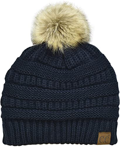C.C Trendy Fuzzy Fleece Lined Warm Comfortable Soft Stretch Cable Knit Ribbed Faux Fur Pom Pom Beanie Hat, Navy Blue