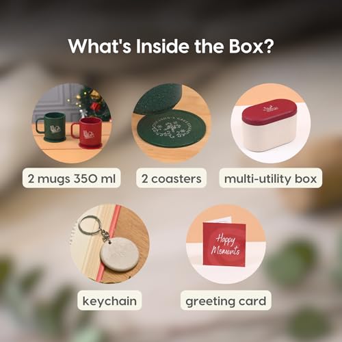Image of Eha Earth-Friendly Christmas Gifts for Friends and Family | Secret Santa Gifts | Made with Rice Husk | Printed Christmas Mug and Coasters Set of 2, Keychain & Loopac Box | 350 ml | Multicolor
