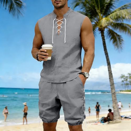 Ensemble short d'été homme gris XXL ample décontracté - 5