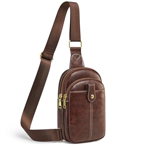 S-ZONE Bolsa tiracolo de couro para mulheres, fecho magnético frontal, bolsa de peito com alça ajustável, Café