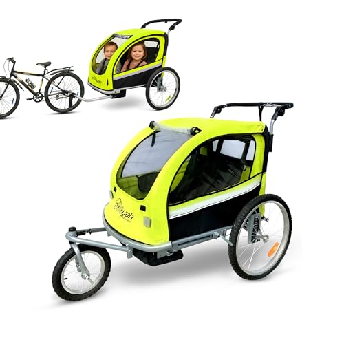 Booyah Strollers 3 in 1 Double Child Baby Bike Bicycle Trailer, Jogger, Stroller with Suspension| 88 lb Capacity | Helmet-Friendly Design, Ventilation, and Storage | (Fluorescent Green)