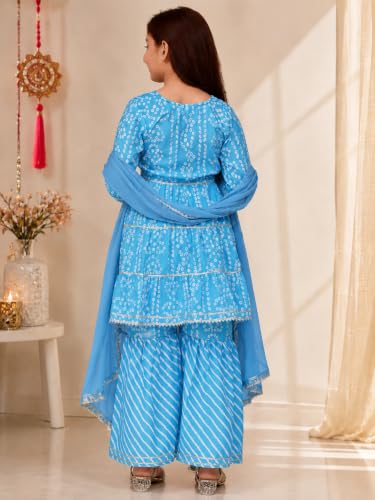 Image of Preneum Girl's Cotton Rayon Bandhani & Lahariya Printed Angrakha Kurta with Sharara & Dupatta