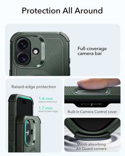 Image of ESR for iPhone 17 Phone Case, 23ft Military-Grade Drop Protection, Shock-Absorbing Rugged Cover, MagSafe Accessories Compatible, Cyber Series, Olive Green