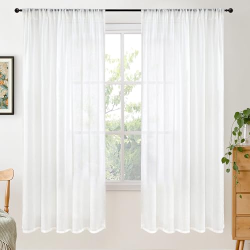Image of BGment 72 Inch Length White Linen Curtains for Living Room - Rod Pocket Semi Sheer Drapes Light Filtering Window Treatments for Bedroom Dining Lightweight Rustic, 2 Panels Set, 52 X 72 Inch