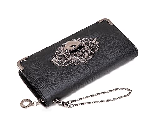 Skull Wallets for Women, Zip Around Goth Wallet Large Capacity Long Purse Credit Card Clutch Wristlet for Women (A-Black)4
