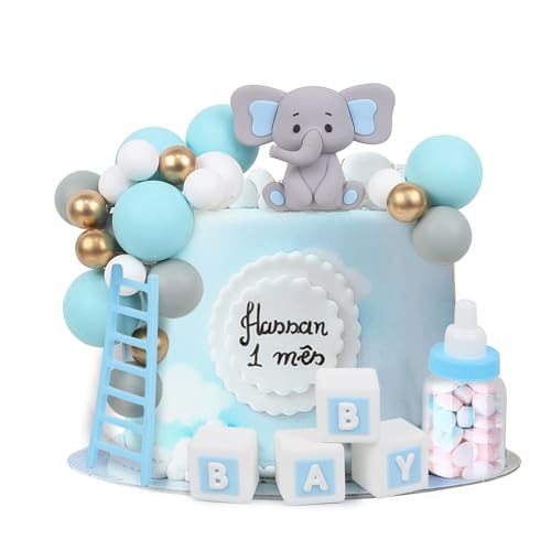 LARDUX 24 Stück Tortendeko: Elefant Babyparty Kuchen Deko, Cake Topper DIY Kugeln für Baby Junge Mädchen Geburtstag Party Elefant Baby Dusche Kuchen Dekor - Blau