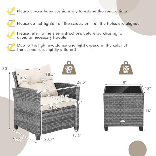 Image of Tangkula 3 Pieces Patio Furniture Set, PE Rattan Wicker 3 Pcs Outdoor Sofa Set w /Washable Cushion and Tempered Glass Tabletop, Conversation Furniture for Garden Poolside Balcony (Mix Grey-White)