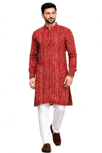 Image of Men's Bandhani Print Kurta with Mandarin Collar