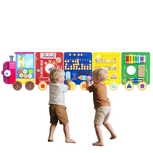 UREDISO Train Activity Wall Busy Board Wooden Busy Board Train Activity Wall Panels Montessori Sensory Wall Toys Panel for Kids Learning Activity Center for Playroom 3 Years Old and Over (Train)