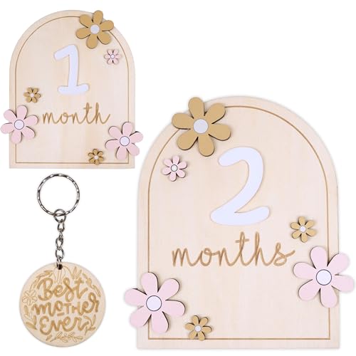 Image of Monthly Baby Milestone Signs - Baby Monthly Milestone Wooden Circles for 1-12 Month Photos & Gender Neutral Announcement Cards (Flower)