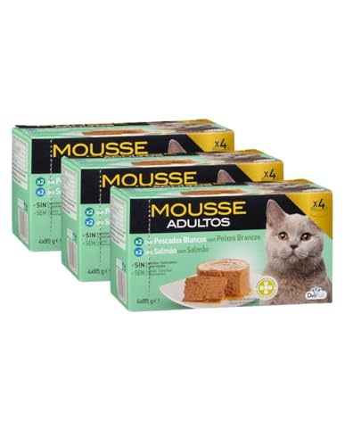 Mousse Adultos para Gatos, Pescados Blancos y Salmón, sin Cereales, Pack 3 Cajas, 12 Tarrinas x 85 g DeliKuit