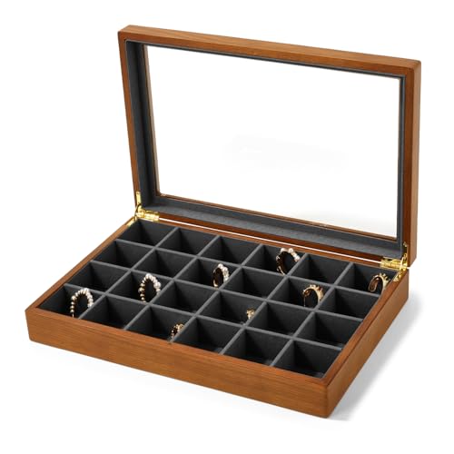Oirlv ジュエリートレイ 蓋付き 24区画 木製 ジュエリーボックス 大容量 指輪 イヤリング ネックレス ディスプレイ 収納 透明 高級 おしゃれ 適格請求書に対応 X02406 (ダークグレー)