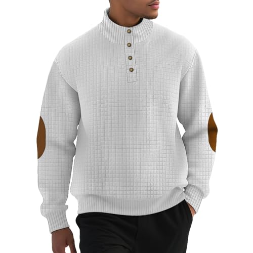 Hawyet Quarter Button Down Sweater for Men Long Sleeve Elbow Patched Stand Collar Jacquard Winter Fall Pullovers
