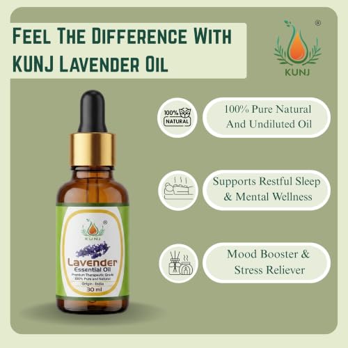 Image of KUNJ Lavender Essential Oil 30ml - 100% Pure & Natural Steam Distilled Oil for Sleep Support, Stress Relief, Relaxation, Aromatherapy, Diffuser & Skin Care