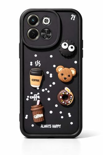 Image of Bintage CASE Cute Fun Taddy Cartoon 3D Ball Bear Milk Cake Coffee Silicon Case Full Body & Camera Protection Back Cover Compatible for Tecno Pova 6 Neo 5G - Black