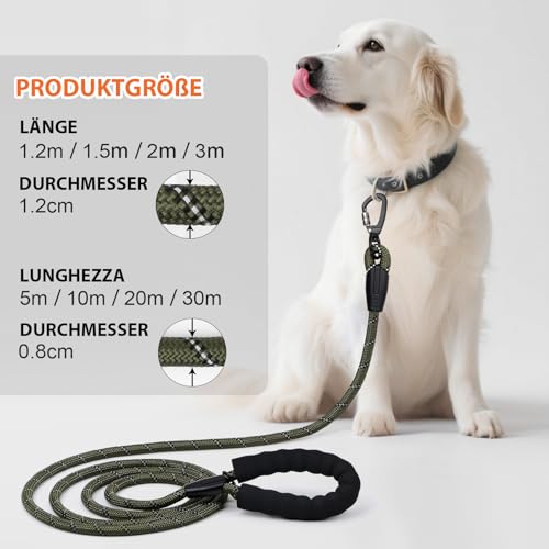 Hundeleine, 1,2 m/1,5 m/2 m/3 m/5 m/10 m/20 m/30 m, mit gepolstertem Robuste Hundeleine, geeignet für das Training und Spazierengehen kleine mittelgroßer und Hunde Abschließbarer Karabine