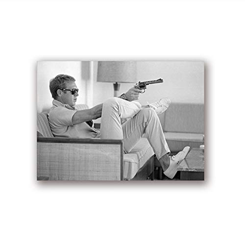 Suuyar Steve McQueen Affiche Impression sur Toile Vintage Affiches De Film Peinture Hommes Pistolet Noir Blanc Photographie Photo Accueil Mur Art Décor-60x80...