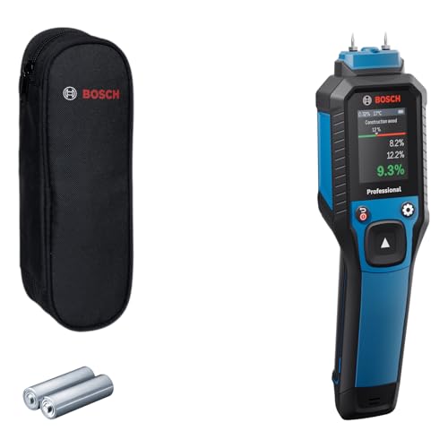 Bosch Professional Pin-Feuchtemessgerät GMP 2-15 (misst 37 Holzarten und 10 Baustoffe, integriertes Thermo-Hygrometer, IP 65, 2x AA Batterie, Tasche)