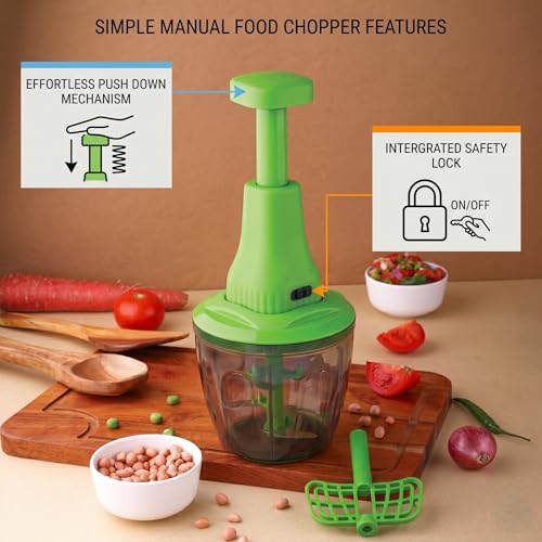 Image of Manual Push Chopper 1100ml for Kitchen Use, 5 Blade Vegetable & Fruit Cutter with Whisker, Multipurpose Food Chopper for Onion, Garlic, Ginger, Tomato, Salad & More (Multicolor) (1, 1100 ML)