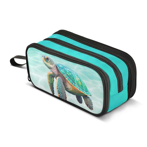 Image of Sea Turtle Teal Pencil Case Box Boys Girls Large Pencil Pouch with Zipper Compartments Big Capacity Stationery Pen Bag Organizer for Kids Teens Adults School Office