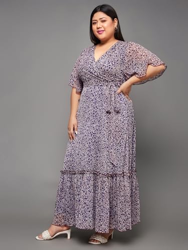 Image of Miss Chase A+ Women's Bohemian V-Neck Flutter Sleeve Chiffon Relaxed Fit Wrap Maxi Dress