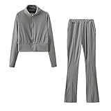 FBYBN 2-Pc Full Zip Hoodies for Women Collar Running Tracksuit Fall Long Sleeve Coat & Wide Leg Straight Pants Gym Outfit Gray