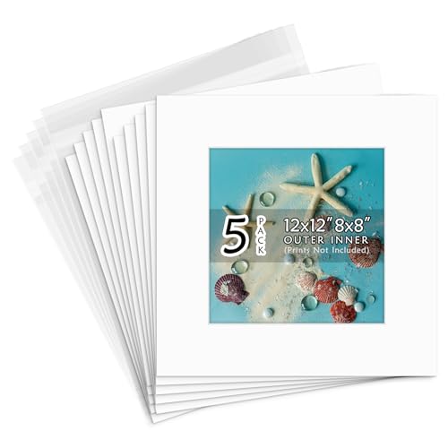 Golden State Art, Acid Free, Pack of 5, 12x12 White Picture Mats Mattes with White Core Bevel Cut for 8x8 Photo + Backing + Bags