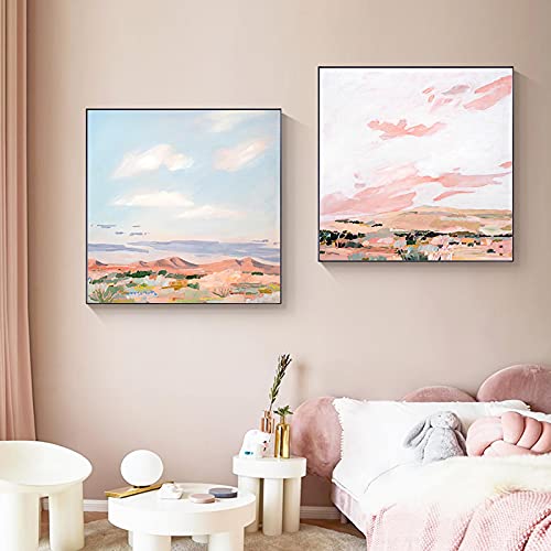 Toile peinture nordique paysage rose : lot de 2 affiches murales carrees 50x50cm decoration salon