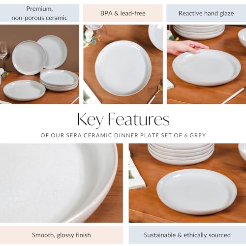 Image of Nestasia Ceramic Set of 6 Dinner Plates (10 Inch Each) - Light Grey Full Plates with Glossy Finish - Perfect for Home, Kitchen, Dining & Gifting