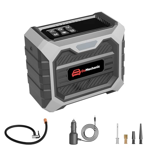 Image of GoMechanic Tyre Inflator for Car and Bike | Works with Both DC Port & Battery Operation | 150 PSI | 3 x 1800mAh Batteries | Rechargeable 12V DC | Multi-Nozzle Function | Digital Display & LED Light