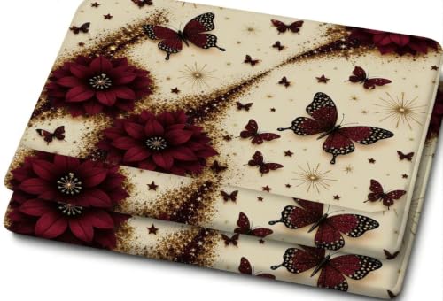Image of RUMPS Premium 7D HD Digital Printed Butterfly Floral King Size Flat Bedsheet with 2 Pillow Covers | Luxury Maroon Flower Design with Golden Accents | Elegant Home Decor Bedding Set | Super Soft