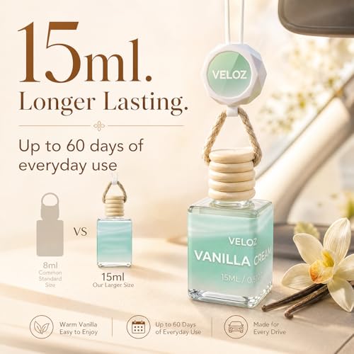 Image of Vanilla Cream Hanging Car Air Freshener Diffuser, 15ml Reed Wick Essential Oil Bottle with Adjustable Rearview Mirror Clip, Long-Lasting Car Scent for Cars SUVs Trucks