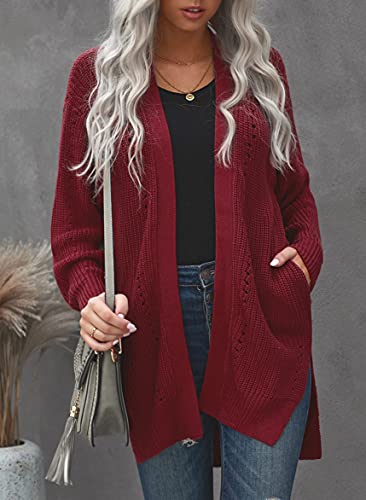 Dokotoo Womens Plus Size Winter Fall Oversized Open Front Cozy Long Sleeve Side Slit Cardigans Sweaters Ladies Chunky Cable Knitted Casual Coats Outerwear Cardigans Jackets With Pockets Wine Large #TOP2