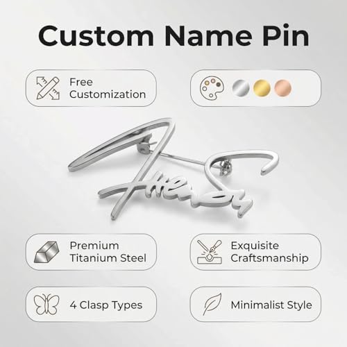 Image of Custom Name Lapel Pin Personalized Script Brooch for Women Men, Customizable Name Badge Elegant Cursive Letter Pin, Minimalist Jewelry Gift for Wedding Birthday Anniversary