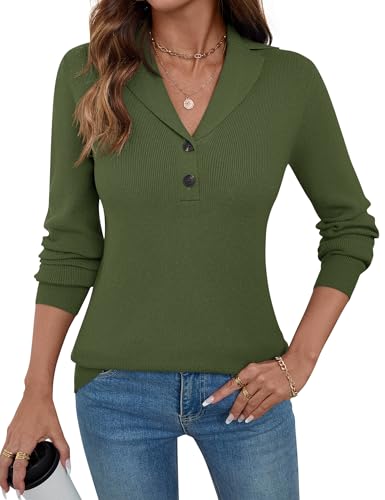 Image of LOMON Sweaters for Women 2025 Fall Knitted V-Neck Collared Button Pullover Dressy Casual Long Sleeve Polo Shirts Business