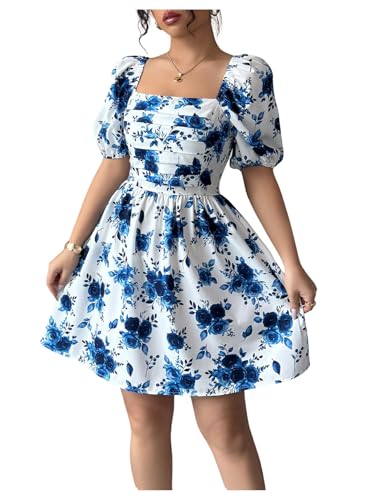 Image of Floerns Women's Floral Dress Puff Sleeve Dress Square Neck Summer Vacation Picnic Mini Dresses