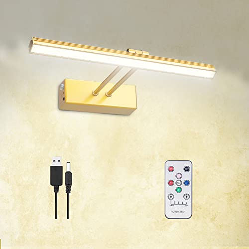 FUNCHDAY Picture Light,Battery Art Lights for Wall,Wireless Remote Painting Light with Timer and Dimmable,13”Metal Display Lighting for Artwork,Portrait,Gallery(Brass)