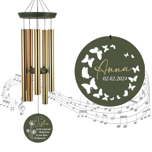 Image of ASTARIN Memorial Butterfly 36 inch Wind Chimes, Personalized Name Sympathy Wind Chime, in Memory of Loss Mom Loved One, Large Deep Tone Bereavement Windchimes for Clearance(Produced in Texas)