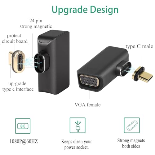 Image of Magnetic Type C to VGA Converter Adapter, L-Shape, 1080P@60HZ FHD Output, Aluminum Alloy Connector for Samsung, Pixel, OnePlus, iPad USB-C, MacBook, Dell, Lenovo, Projector