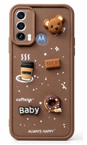 Image of Bintage Cute Fun Taddy Cartoon 3D Ball Bear Milk Donut Coffee Cup Silicon Case Full Body & Camera Protection Back Cover Compatible for Motorola Moto E30 - Brown