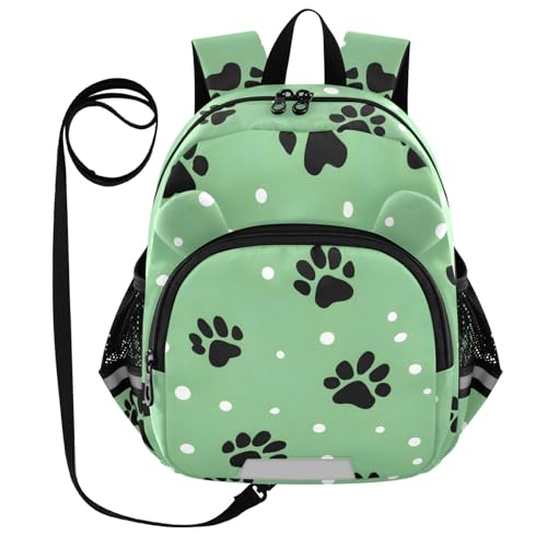 Kid's Backpack for Boys & Girls Toddler Bag Black Footprint Polka Dot Pattern Backpack with Safety Leash